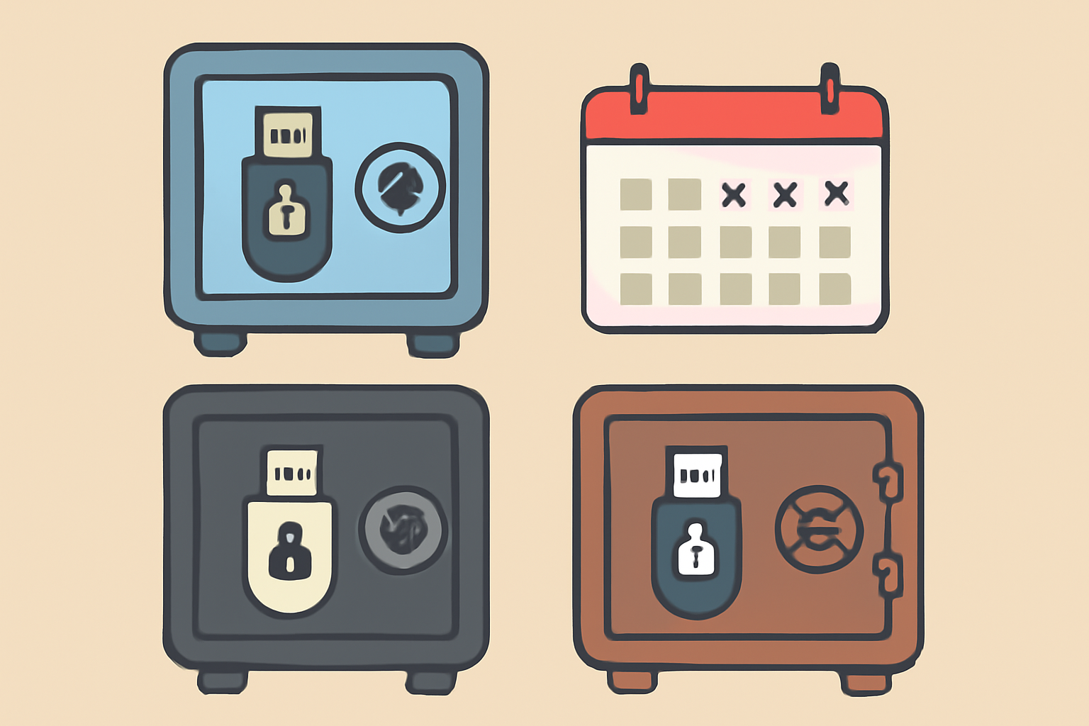 A set of encrypted USB drives stored in different safes, with a calendar reminding of regular key rotation.