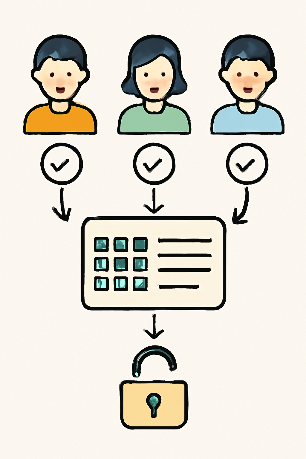 Multiple users each approving a transaction, with a digital ledger recording their actions, and a lock opening only after enough approvals.