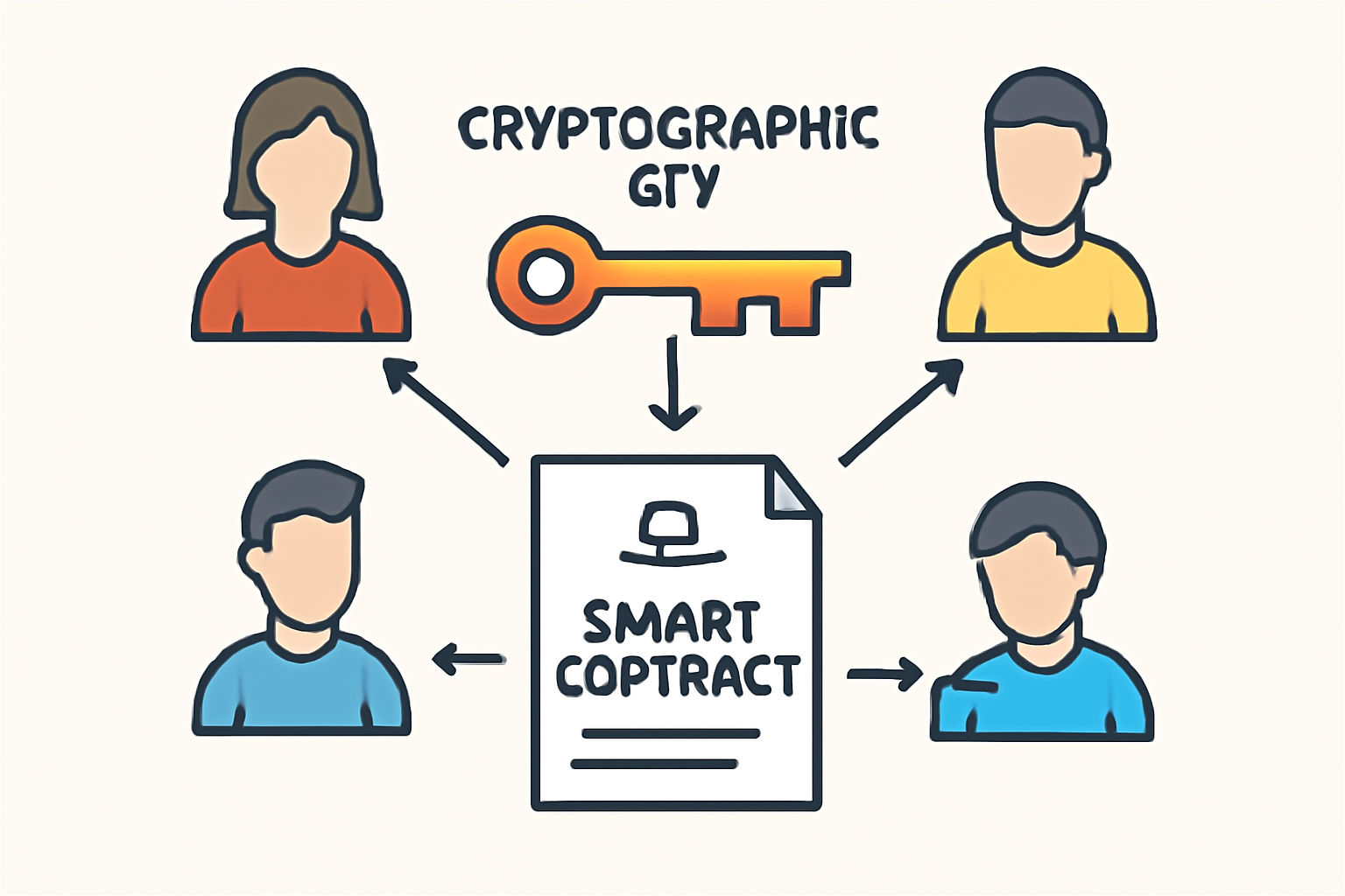 A diagram showing a cryptographic key split into several parts, each held by a different person, with a smart contract in the center.