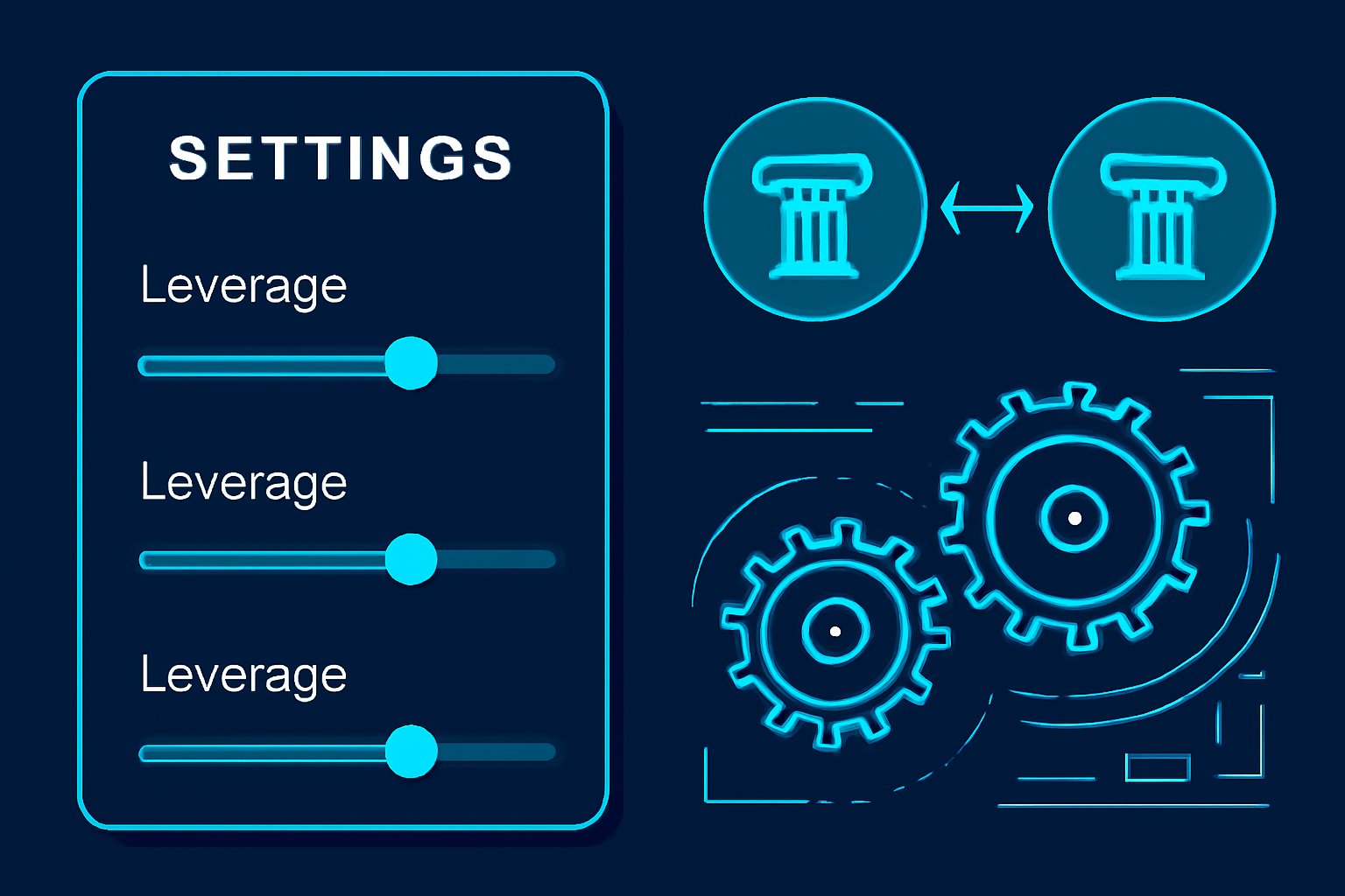 settings panel with leverage sliders, oracle icons connecting, futuristic UI gears turning, electric blue tones