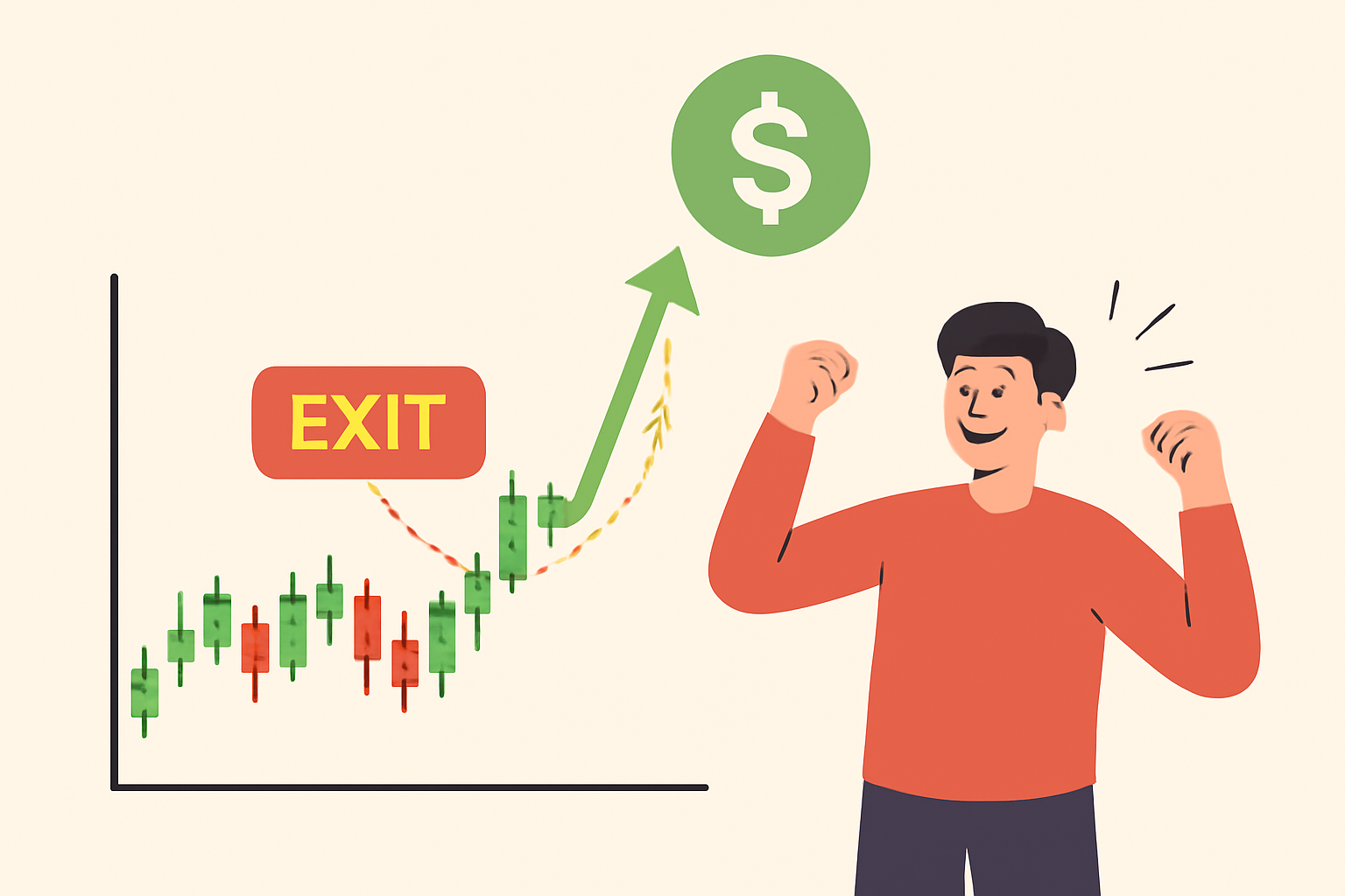 profitable trade exit with spiking green chart and success animation