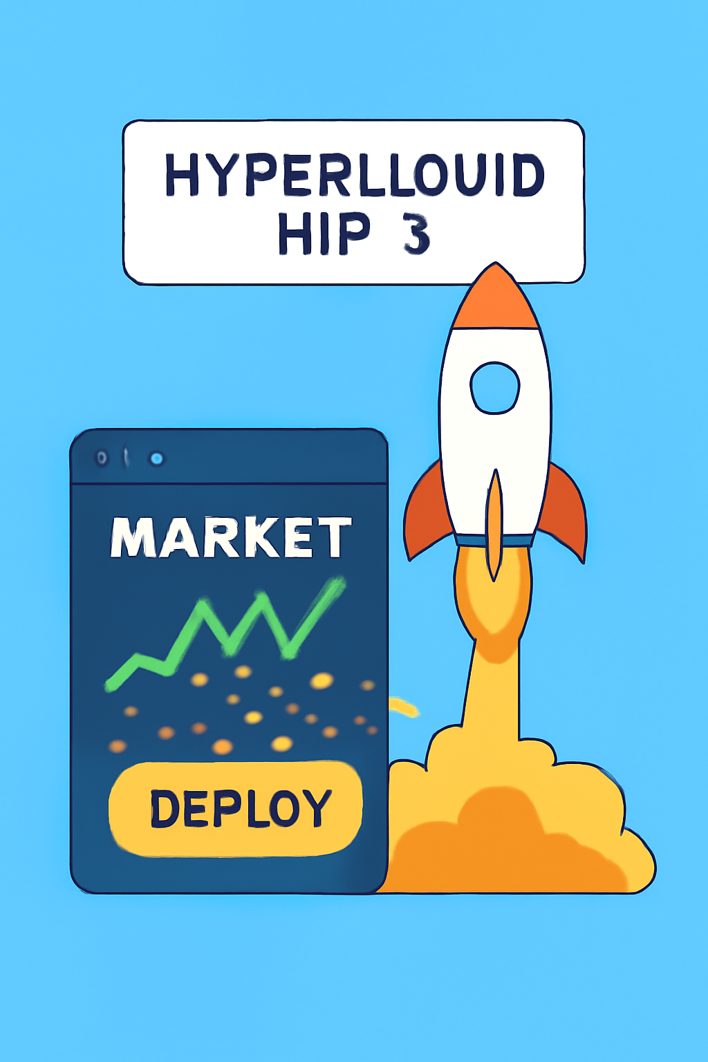 rocket launching from trading platform, market deploy button exploding with confetti, Hyperliquid HIP-3 banner