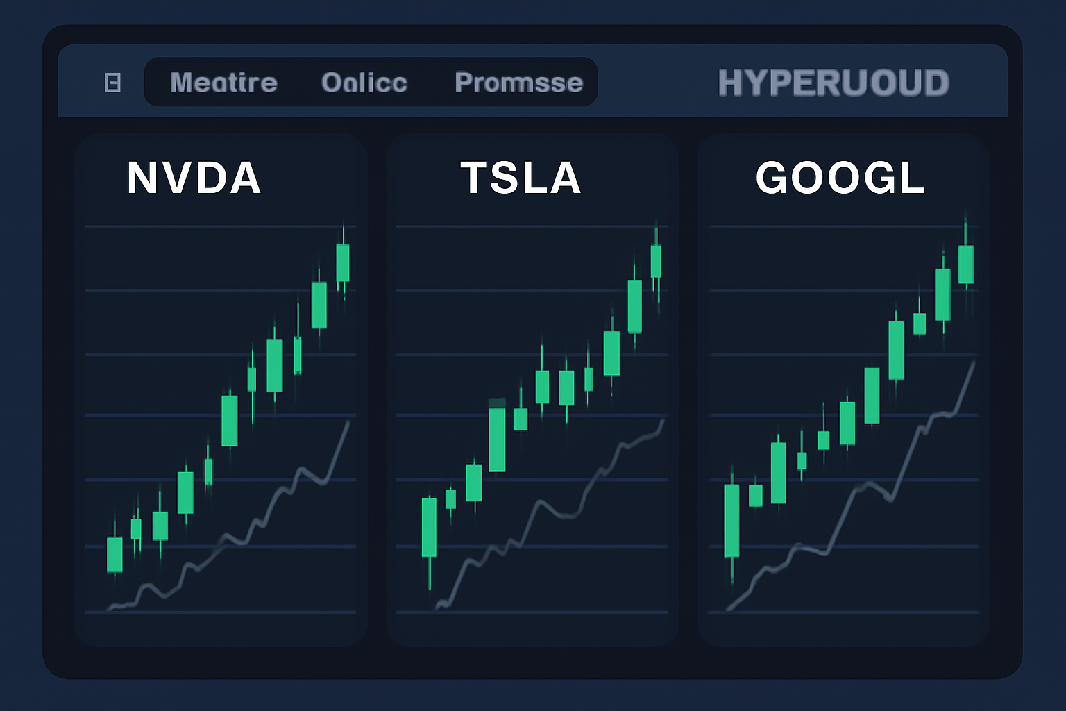 stock charts of NVDA TSLA GOOGL with rising green candles, Hyperliquid interface overlay, dynamic financial visualization