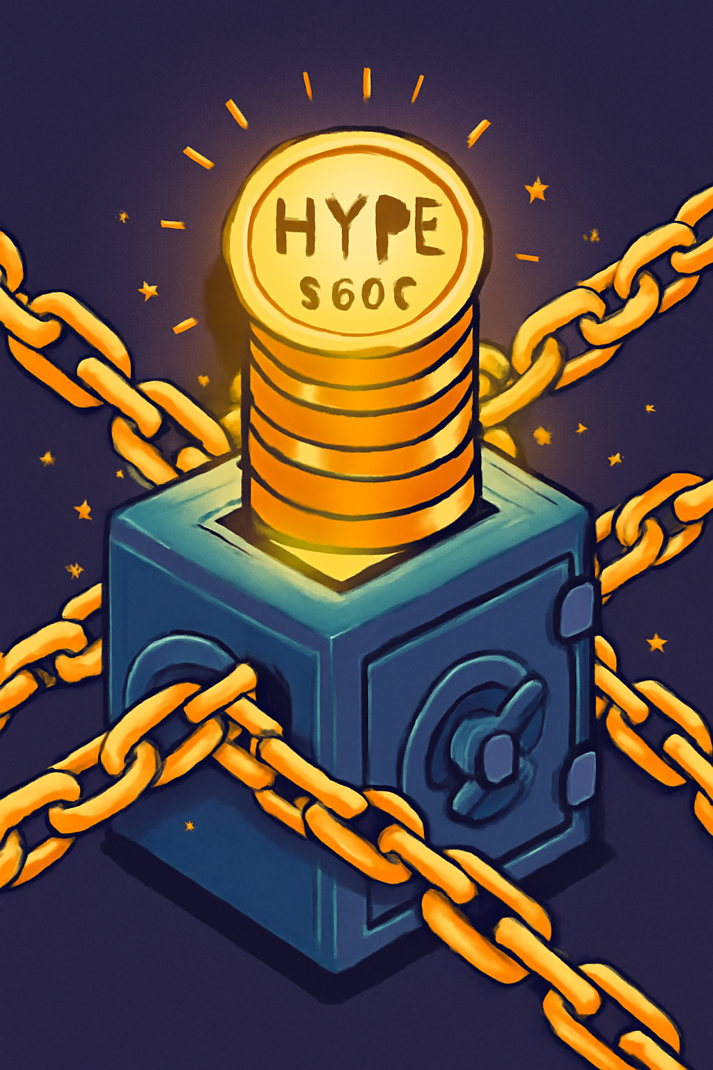 glowing stack of 500k golden HYPE tokens being staked into a vault, blockchain chains wrapping around, vibrant crypto art