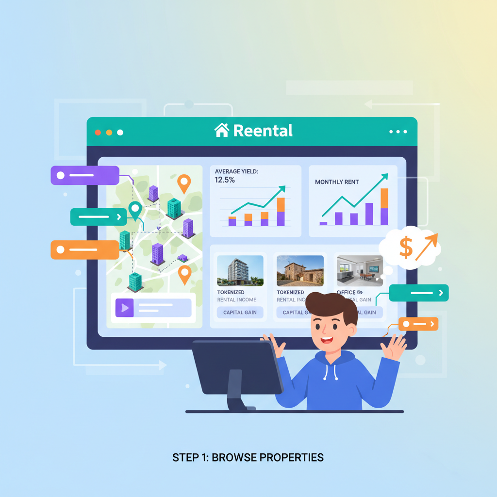 diverse real estate properties on Reental dashboard, maps and yield charts, investor browsing excitedly, colorful and dynamic