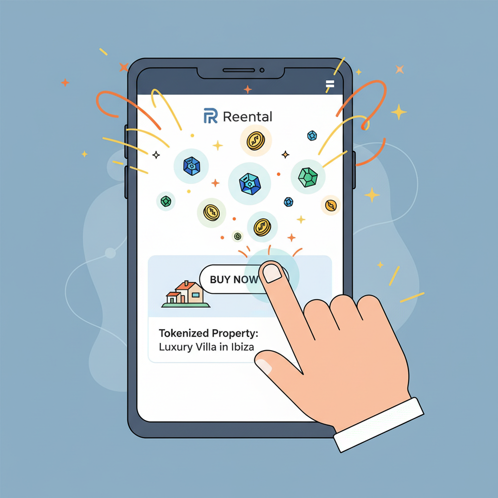 hand clicking buy button on Reental for tokenized property, tokens materializing, celebratory sparks, modern UI