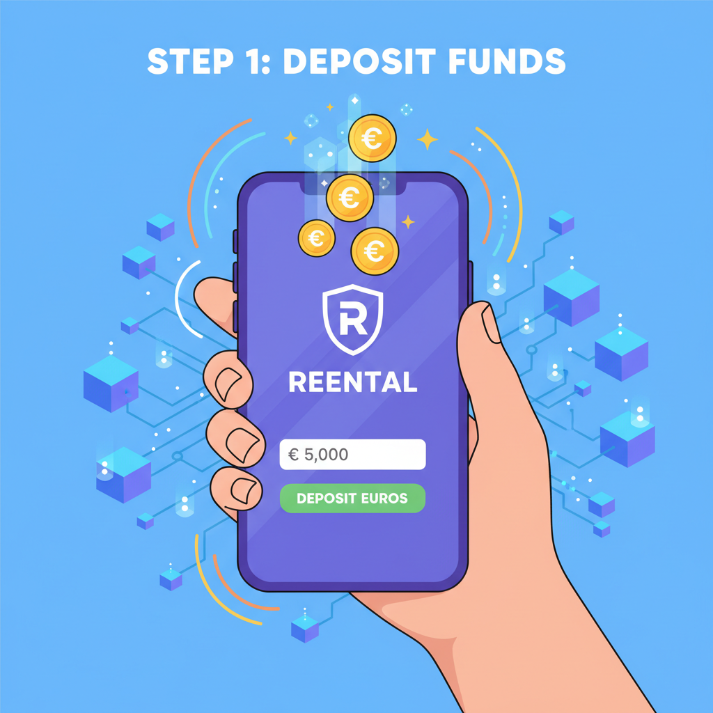 user depositing euros into Reental platform on phone, golden coins flowing in, futuristic blockchain background, upbeat energy