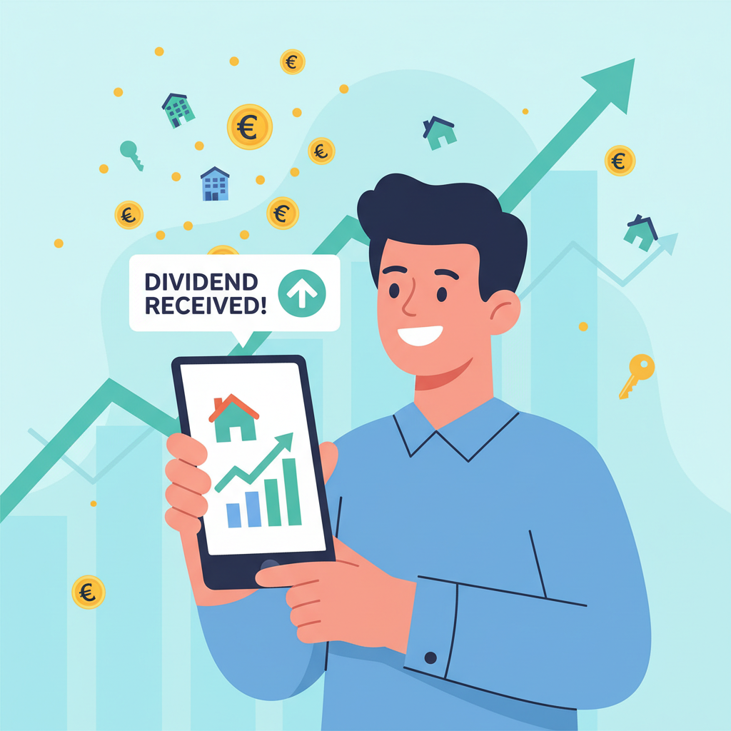 happy investor receiving dividend notifications on phone, rising graphs and euro signs, real estate icons, triumphant mood