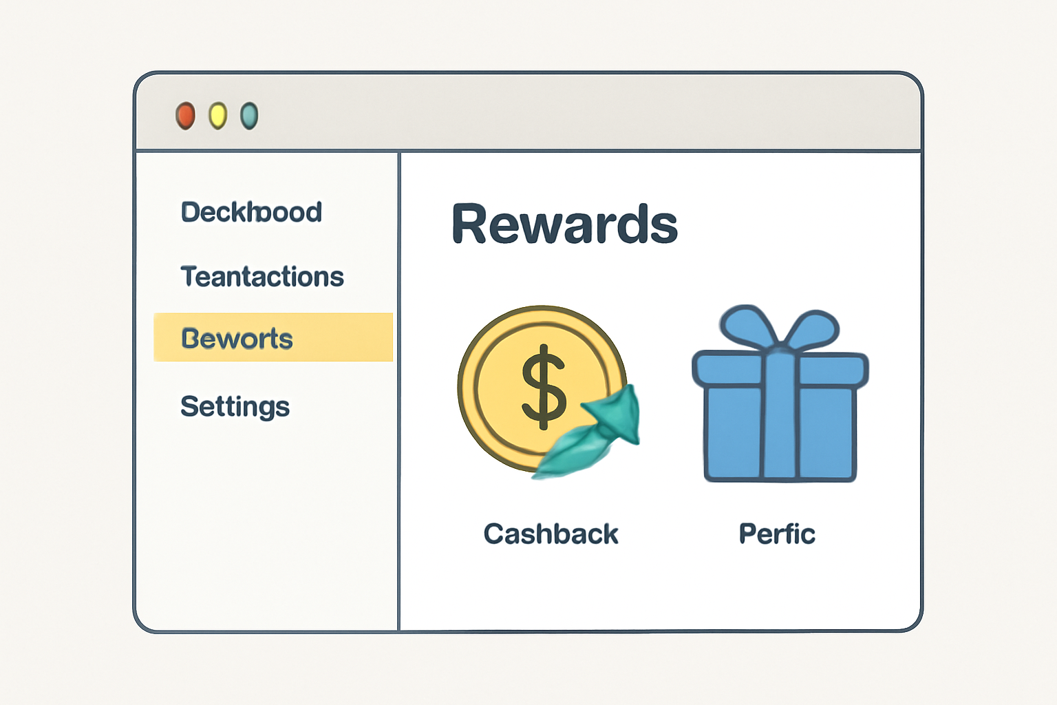 A digital dashboard with a highlighted 'Rewards' section and icons for cashback and perks.