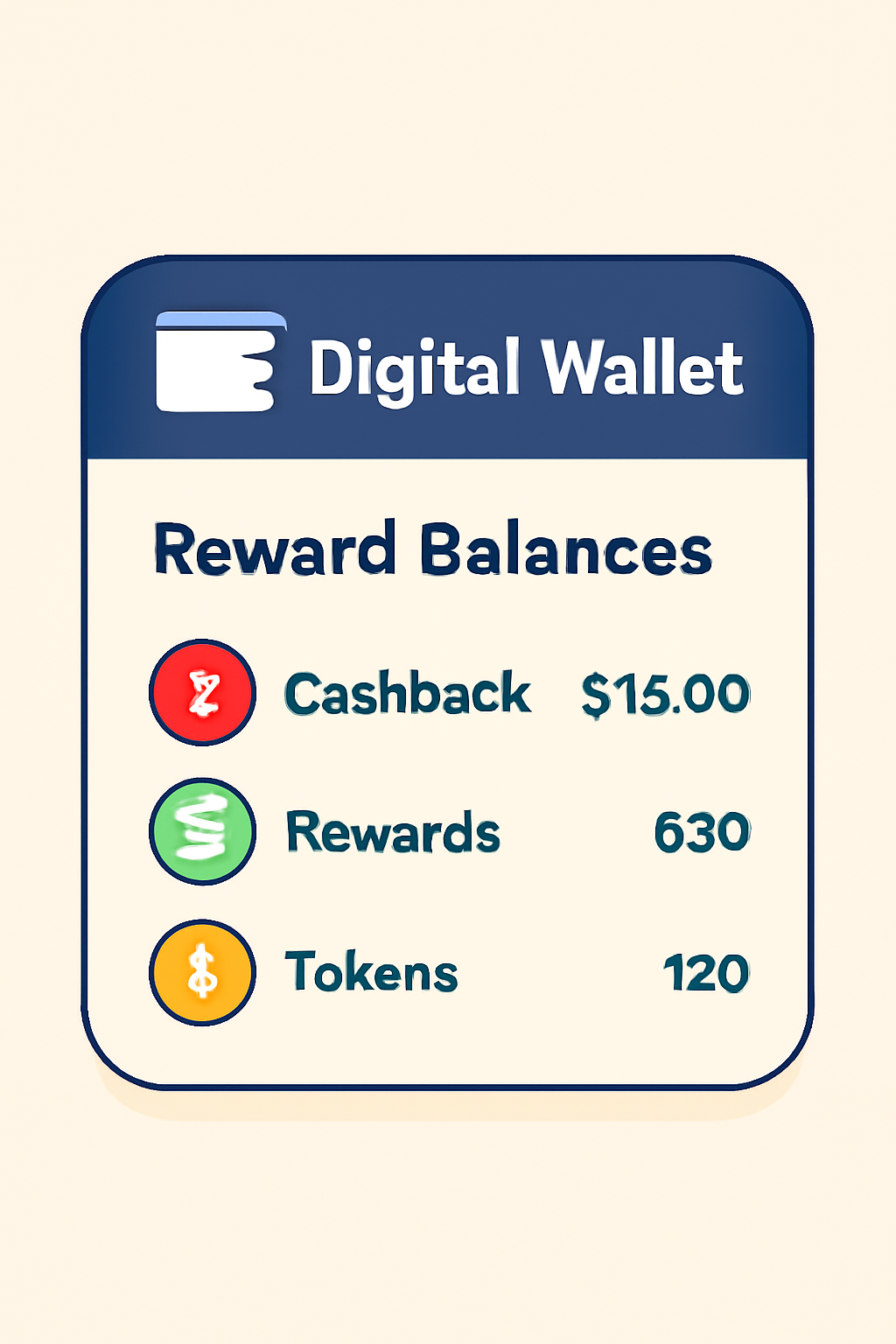 A digital wallet interface showing different reward balances, including cashback and token icons.