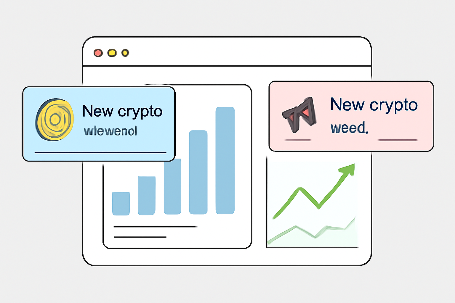 A digital dashboard with graphs and pop-up notifications about new crypto rewards and deals.