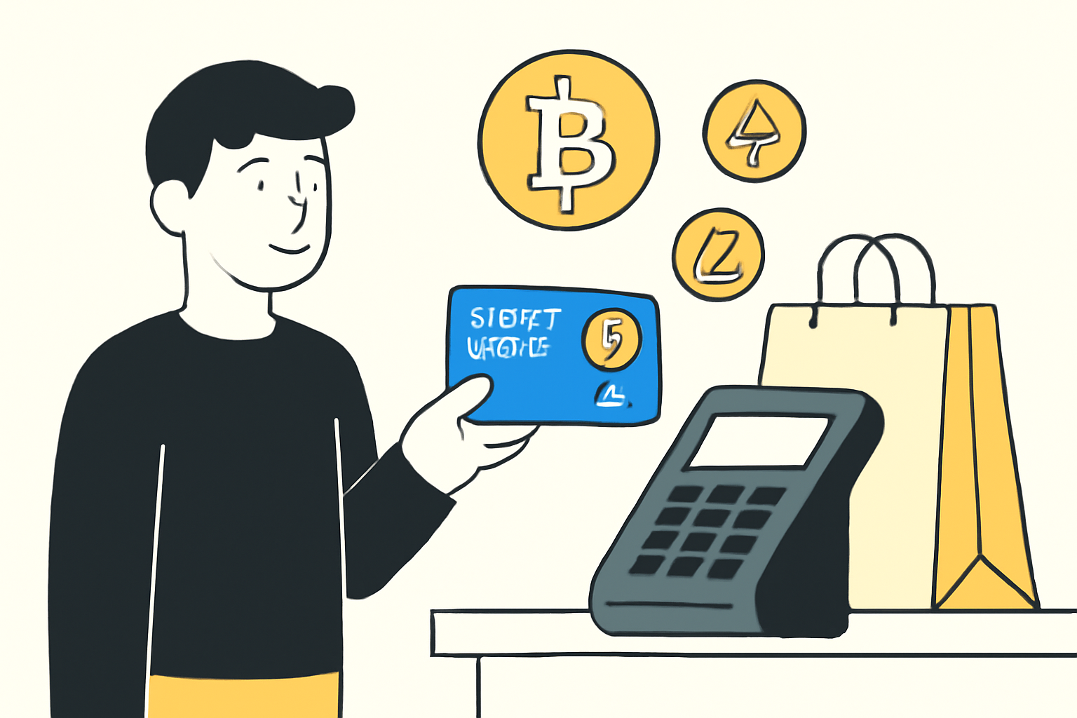 A person using a crypto card at a store, with digital coins and shopping bags in the background.