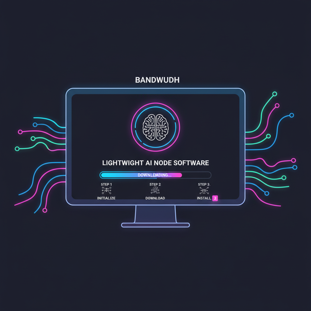 futuristic computer screen downloading lightweight AI node software, neon bandwidth waves, minimalist
