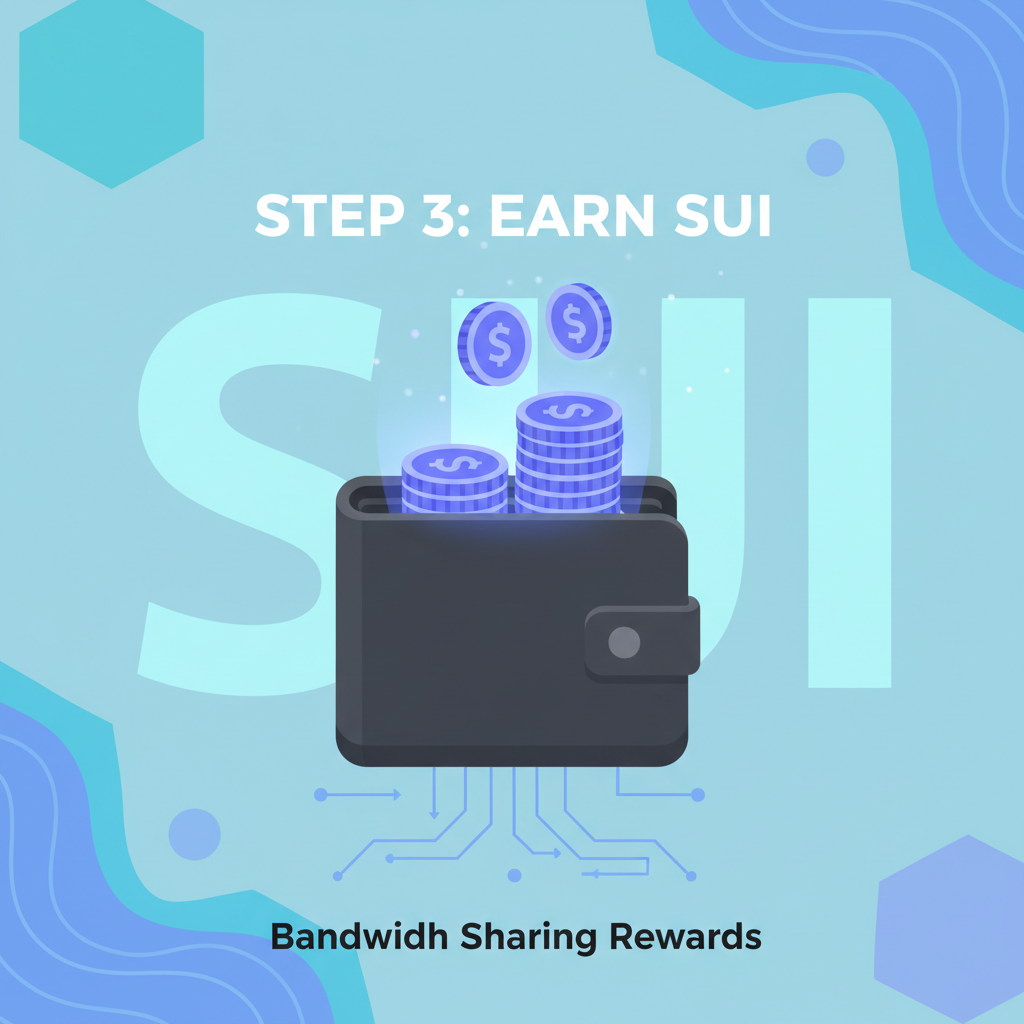 wallet accumulating SUI tokens from bandwidth sharing, glowing coins stacking, Sui blockchain background