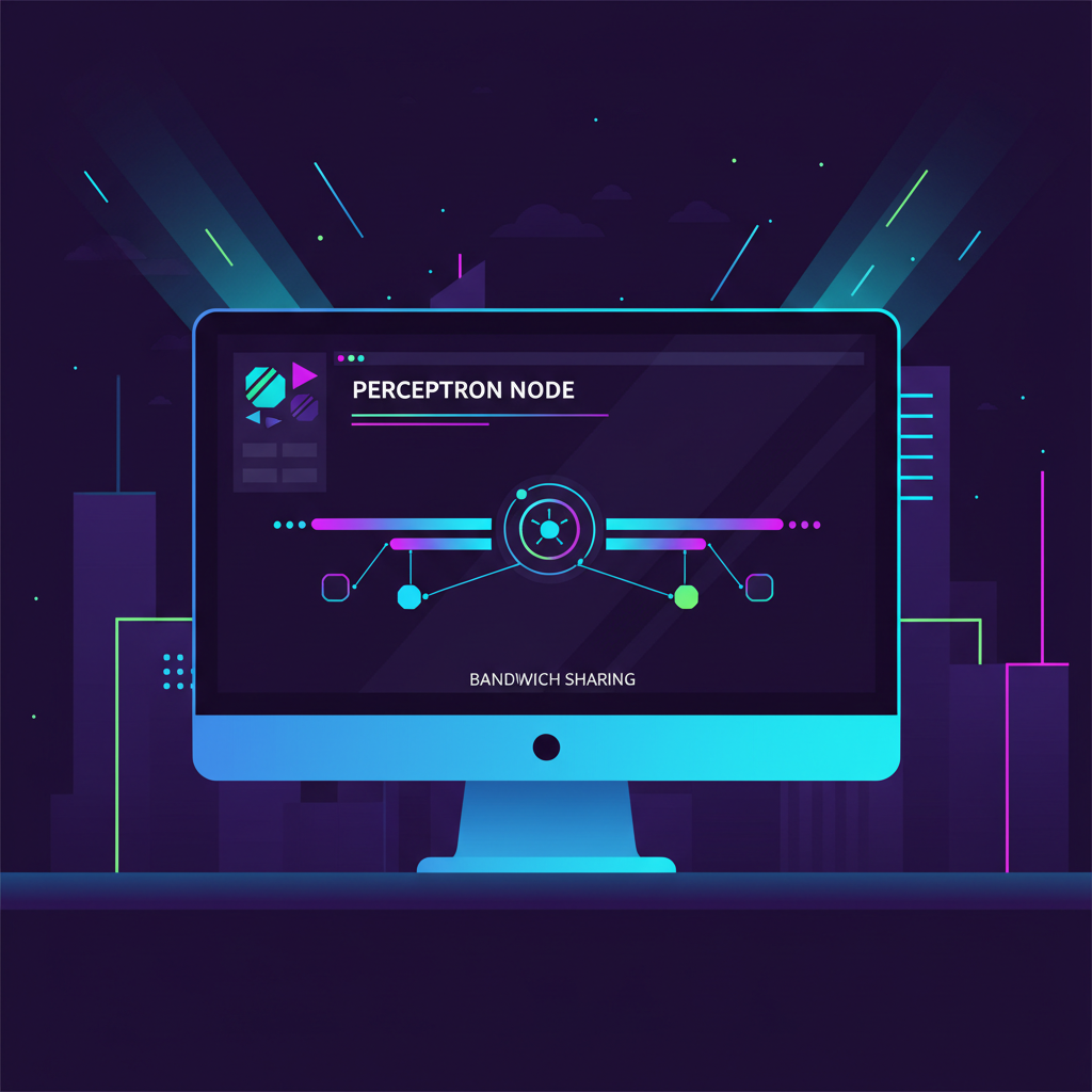 desktop running Perceptron node dashboard, glowing bandwidth sharing streams, cyberpunk style