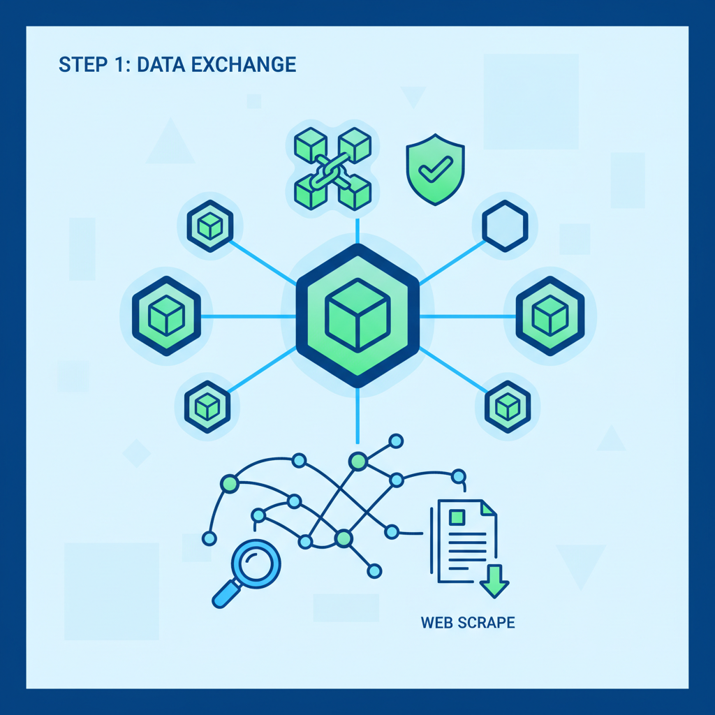 P2P network nodes exchanging and verifying data packets, blockchain verification icons, digital web scrape visualization