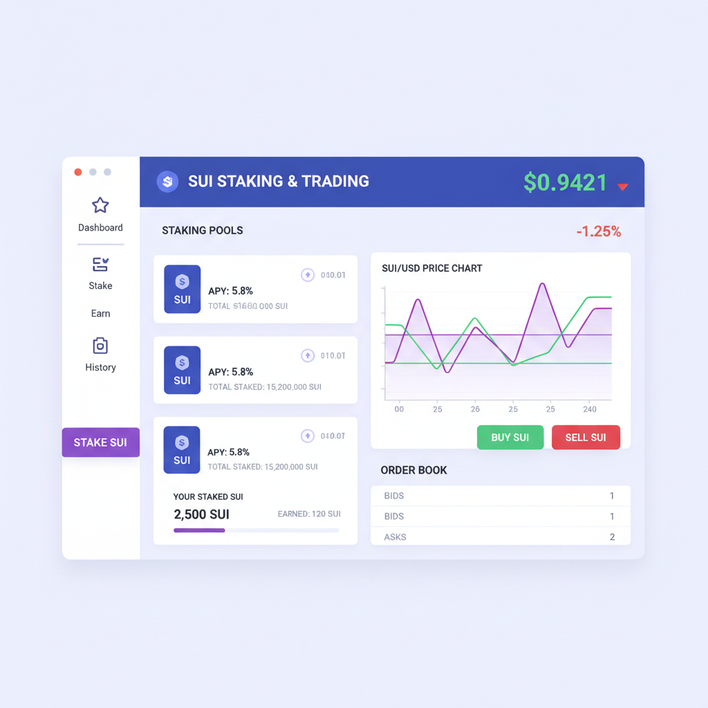 crypto dashboard staking or trading SUI tokens, charts with price $0.9421, assertive trader interface