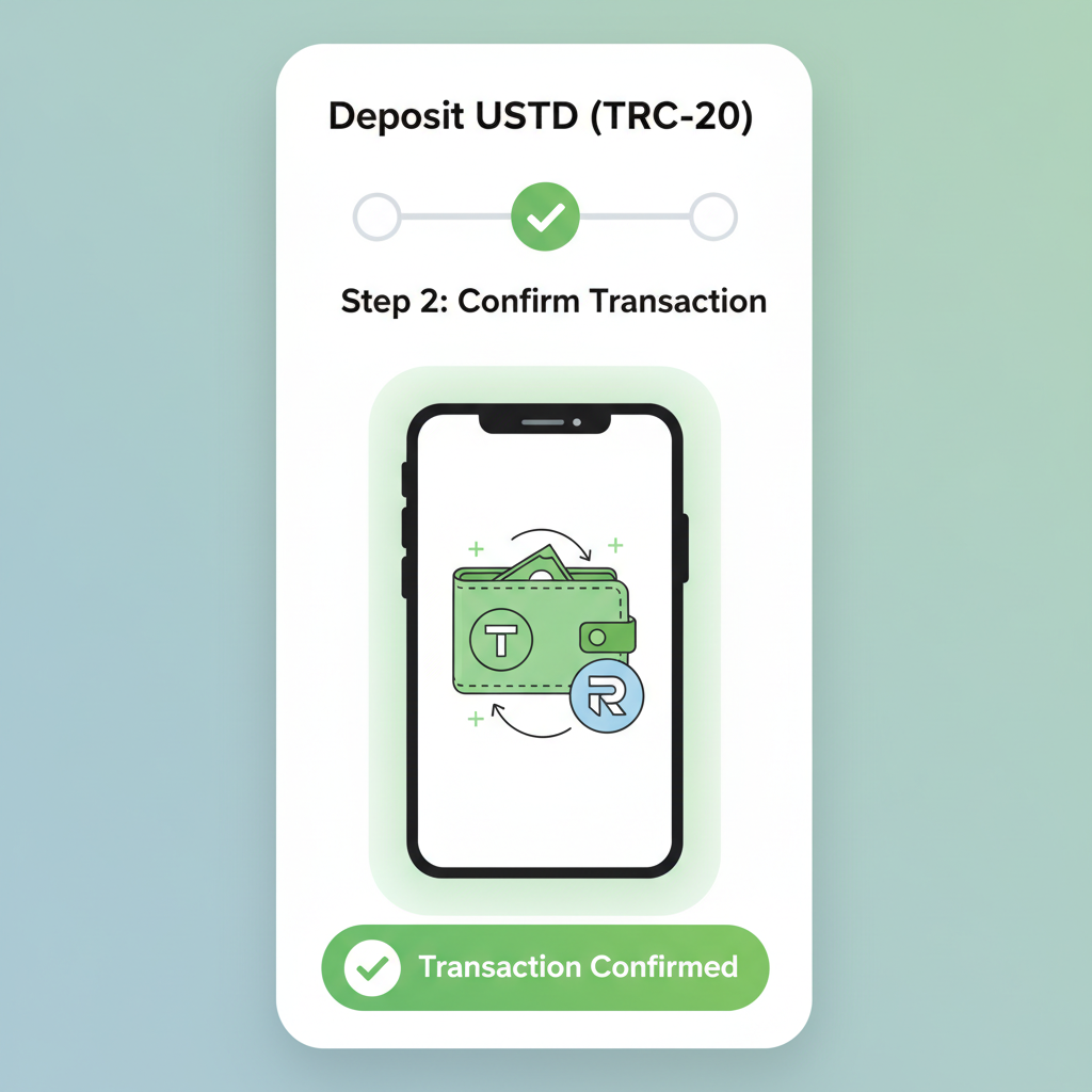 mobile app screen depositing Tron USDT to Ripio wallet, clean UI, green checkmark