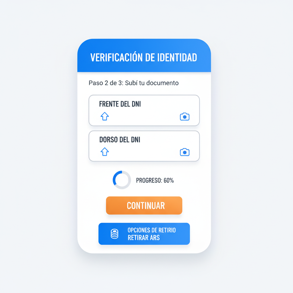 Ripio app KYC verification screen with ID upload and ARS withdrawal option