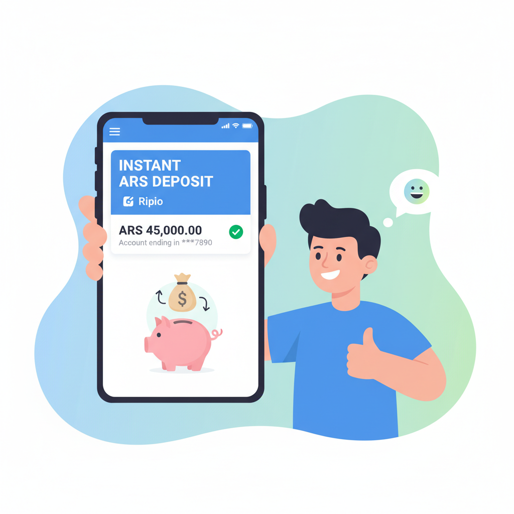 smartphone bank app notification of instant ARS deposit from Ripio, happy user