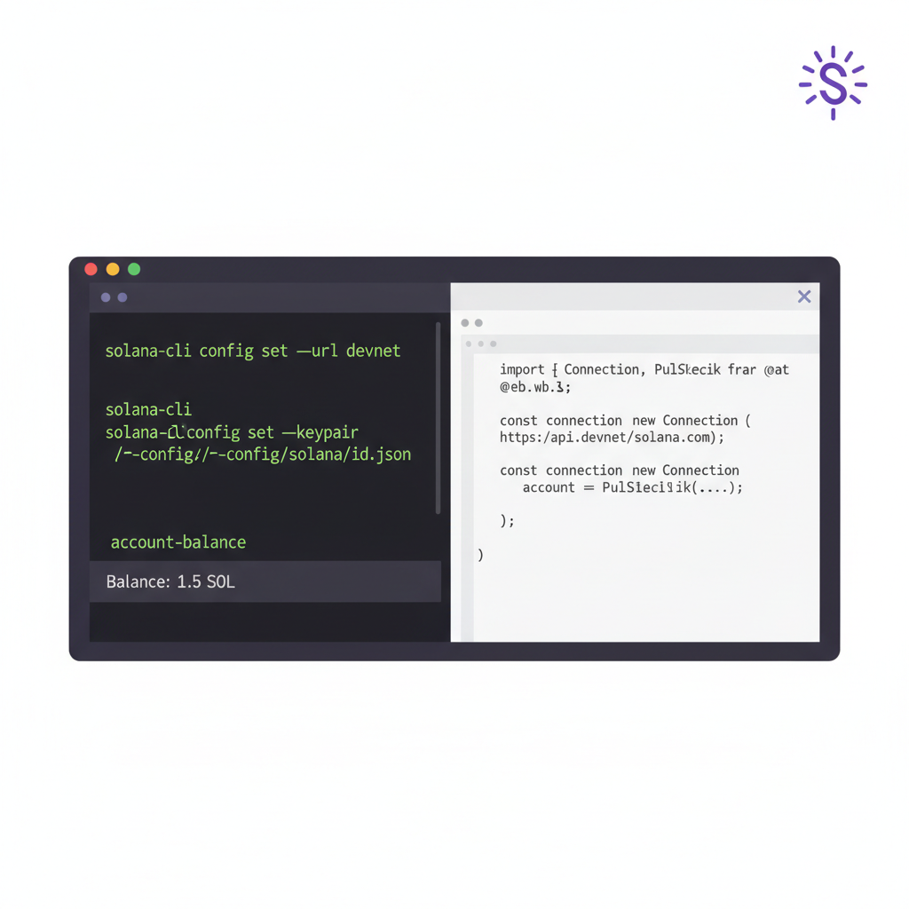developer terminal with Solana CLI commands, code editor, Solana logo