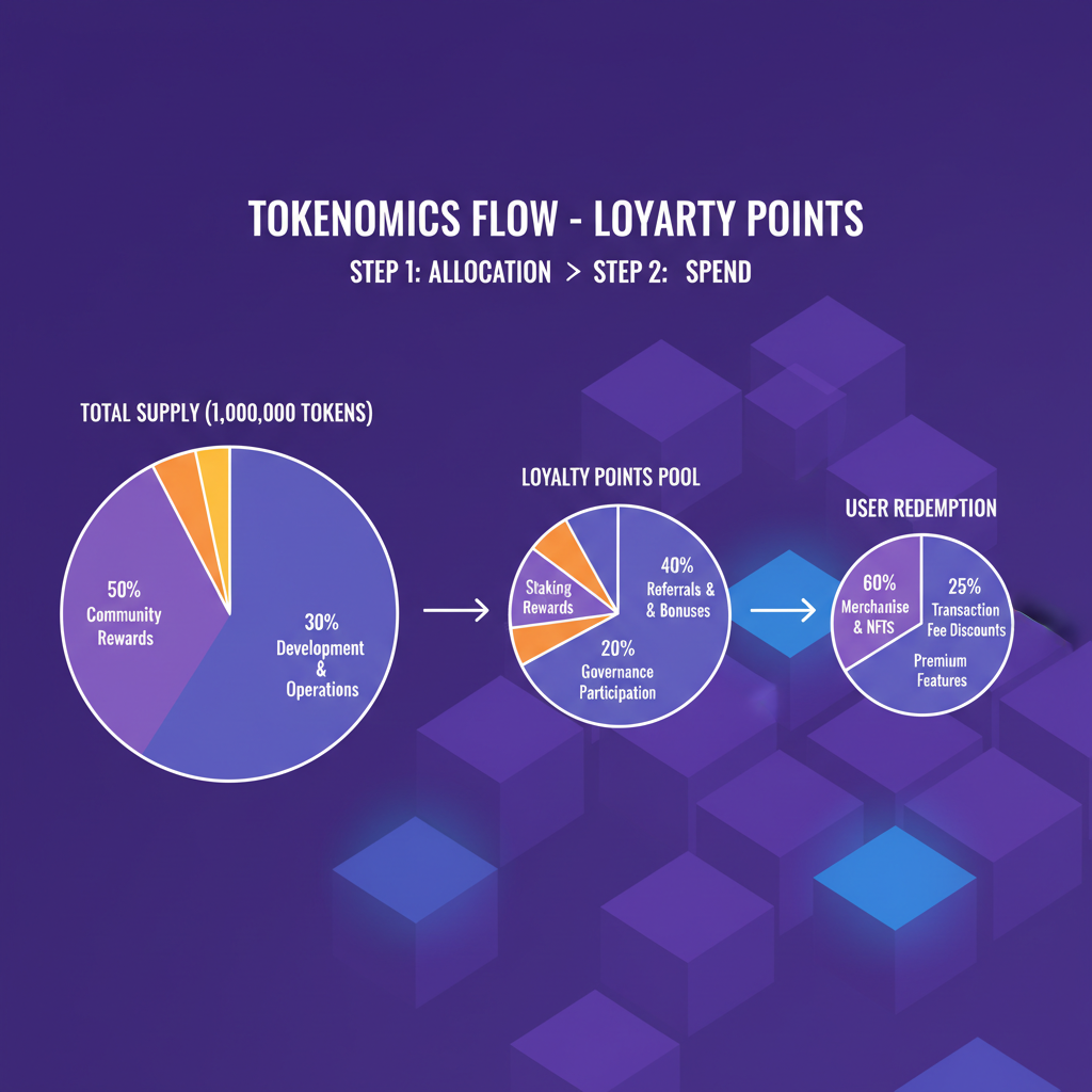 tokenomics chart with pie graphs, loyalty points distribution, Solana blockchain background