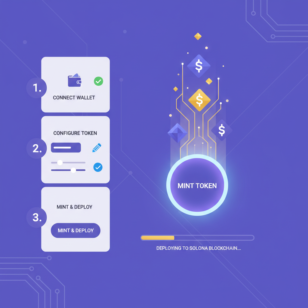 Solana token minting interface, digital tokens emerging, futuristic glow