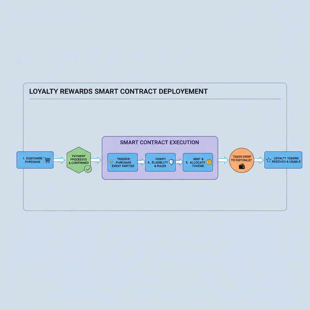 smart contract code deploying loyalty rewards, flowchart from purchase to token drop