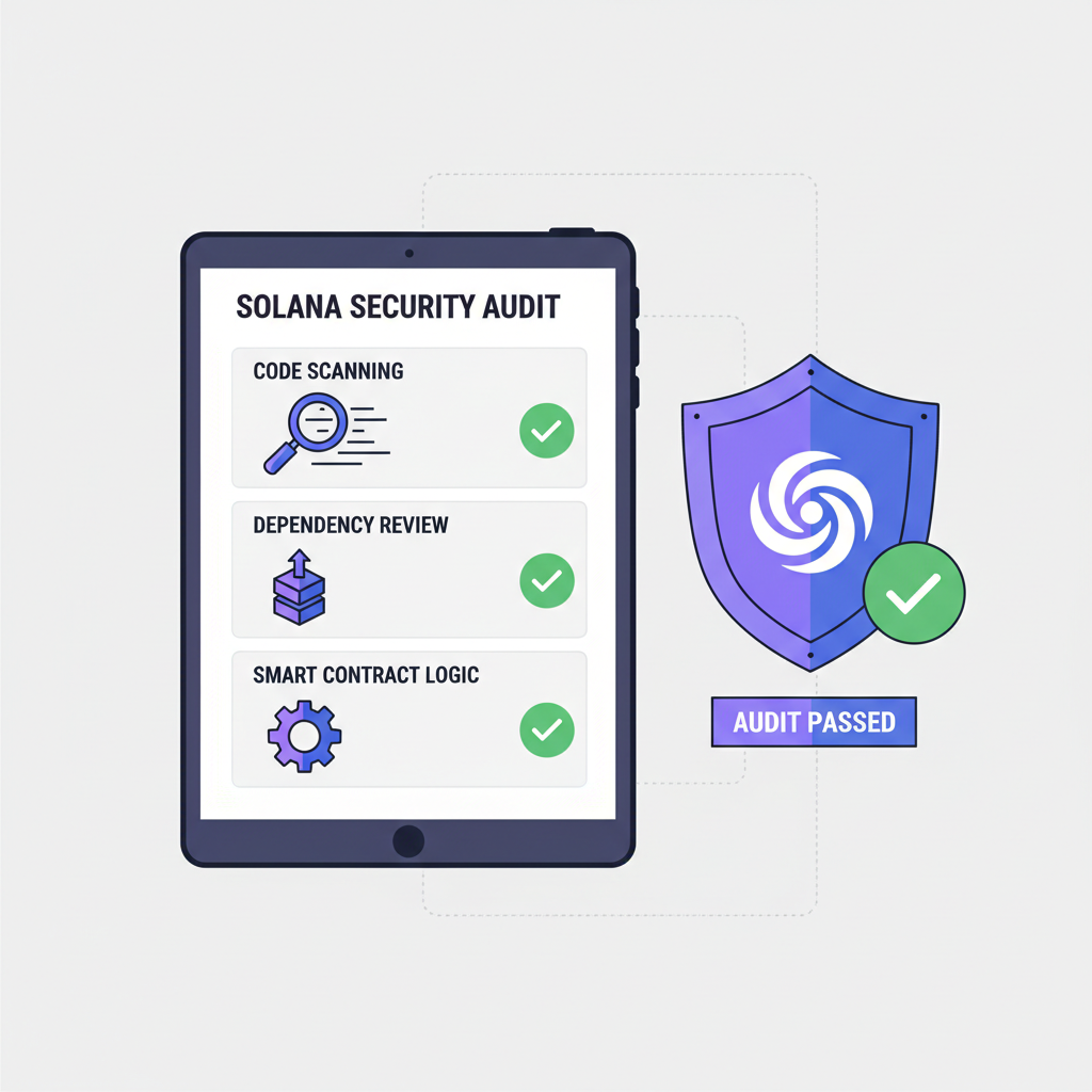 security audit report with checkmarks, code scanning tools, shield icon on Solana