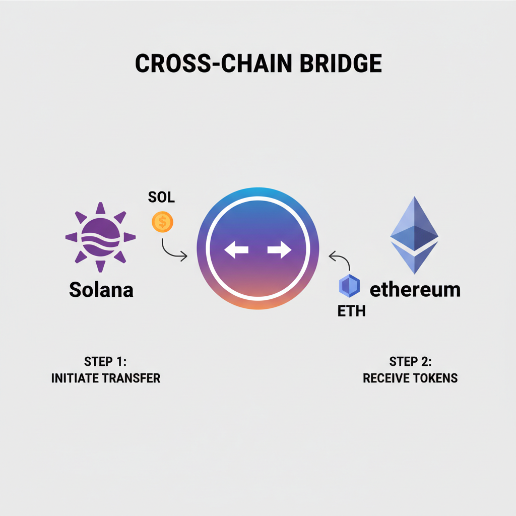 cross-chain bridge visualization, Solana to Ethereum tokens flowing, portal graphic