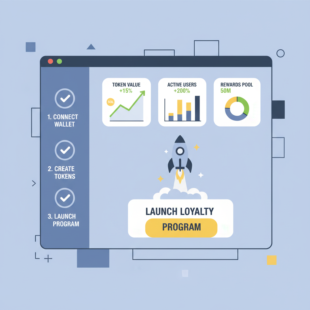 dashboard monitoring Solana loyalty tokens, analytics graphs, launch rocket