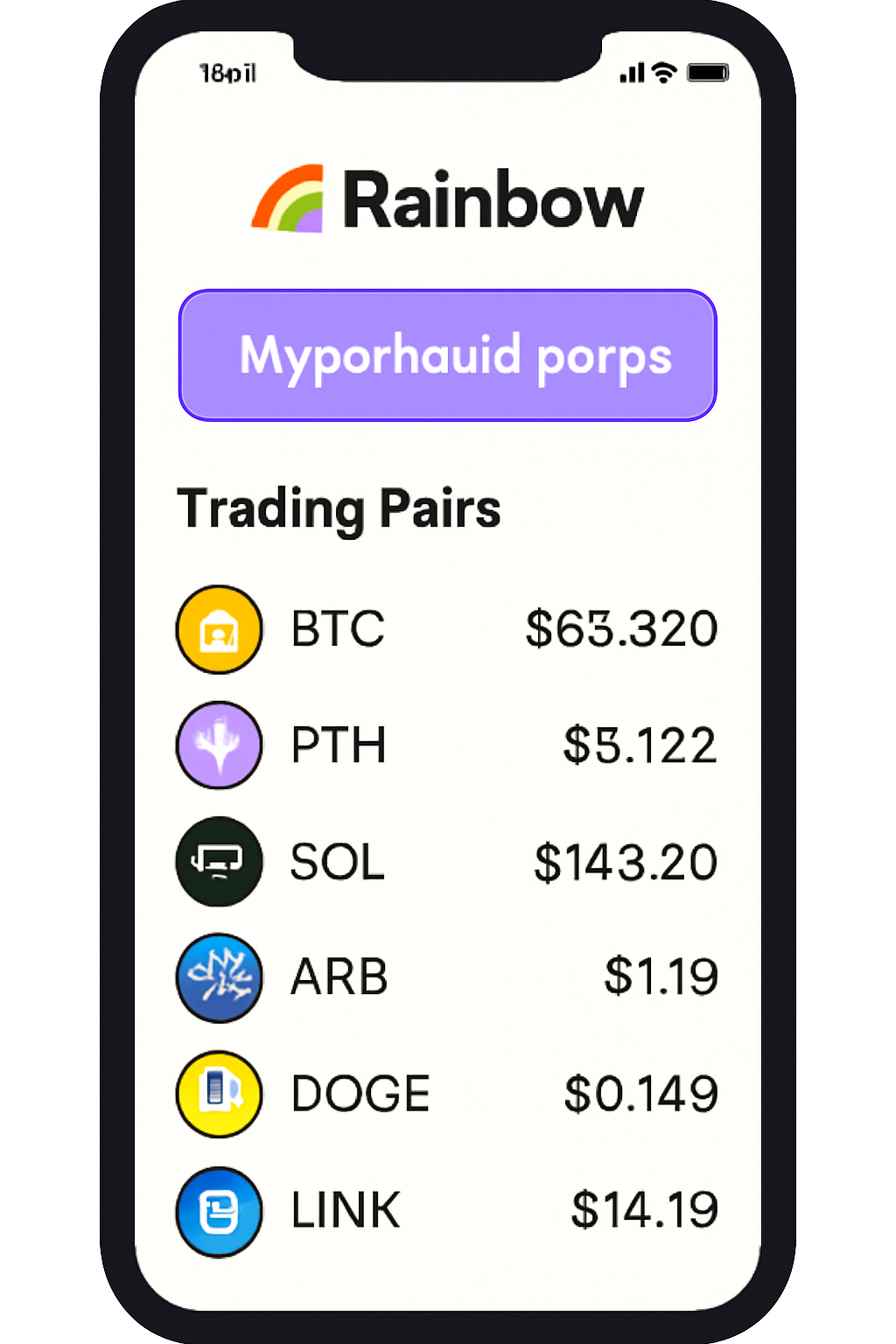 Rainbow Wallet app interface showing Hyperliquid perps section, list of trading pairs, mobile screen