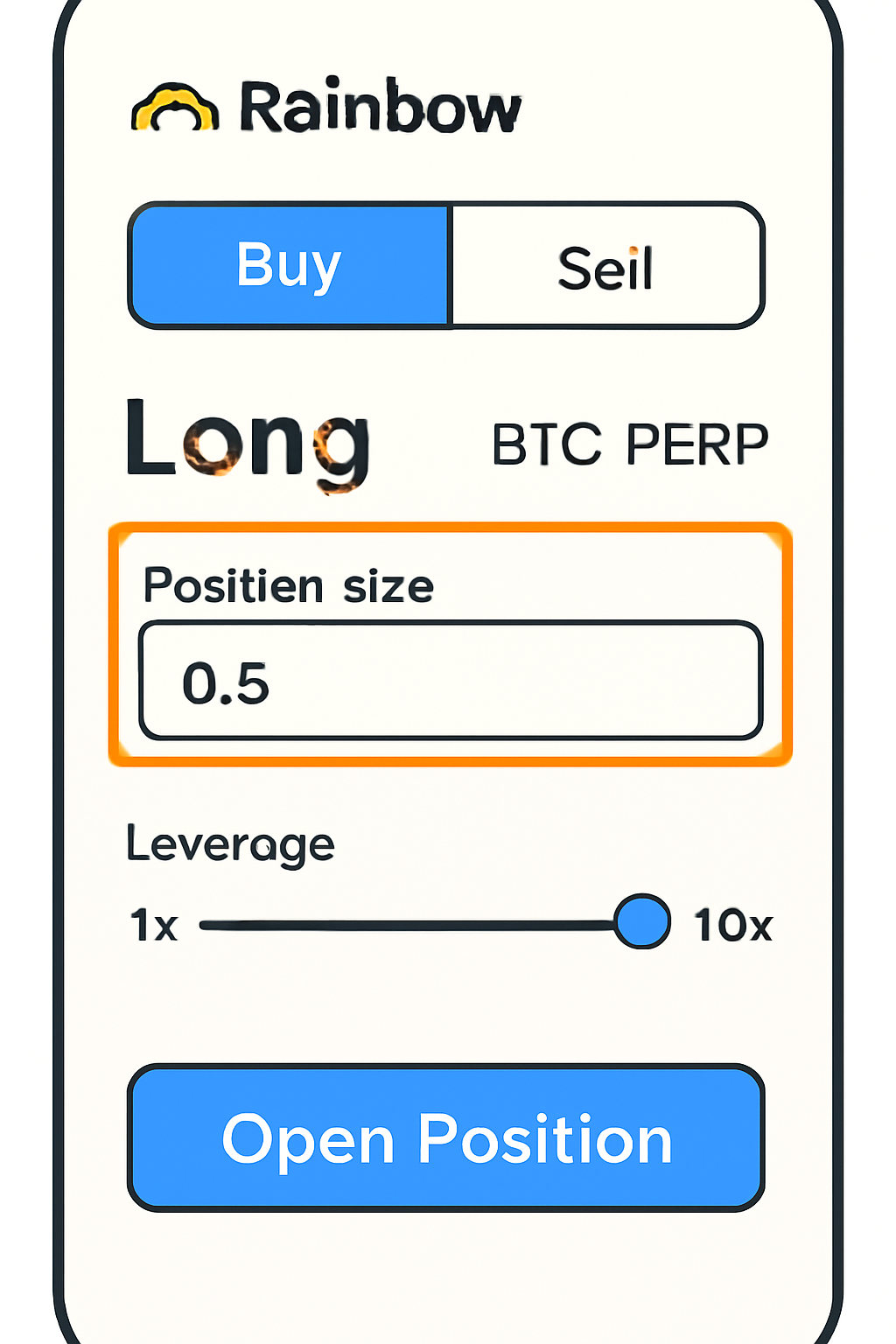 Rainbow Wallet trade setup screen with 10x leverage slider for BTC-PERP, position size input highlighted