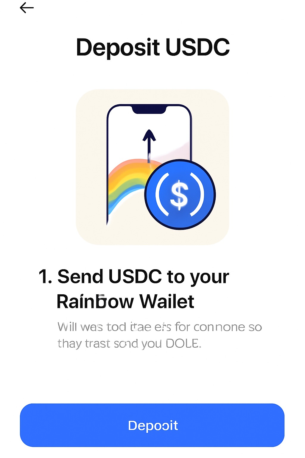 clean mobile screenshot of Rainbow Wallet deposit screen with USDC selected, tutorial style, bright UI