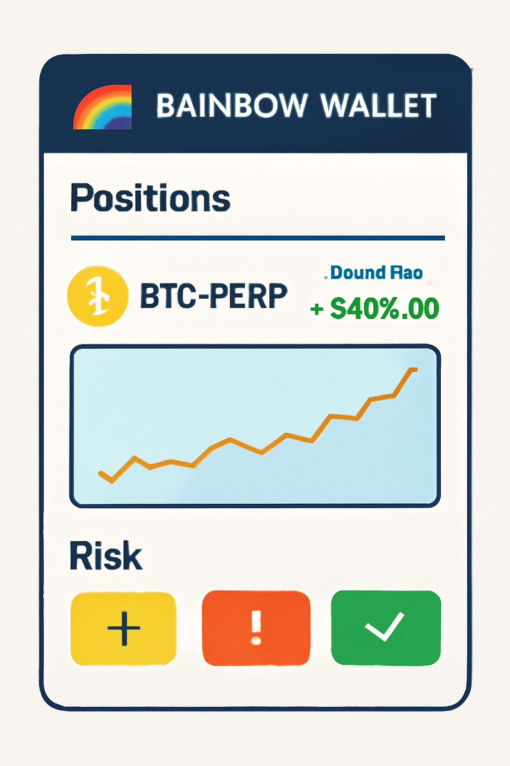 Rainbow Wallet positions dashboard showing open BTC-PERP trade, PNL graph, risk indicators glowing