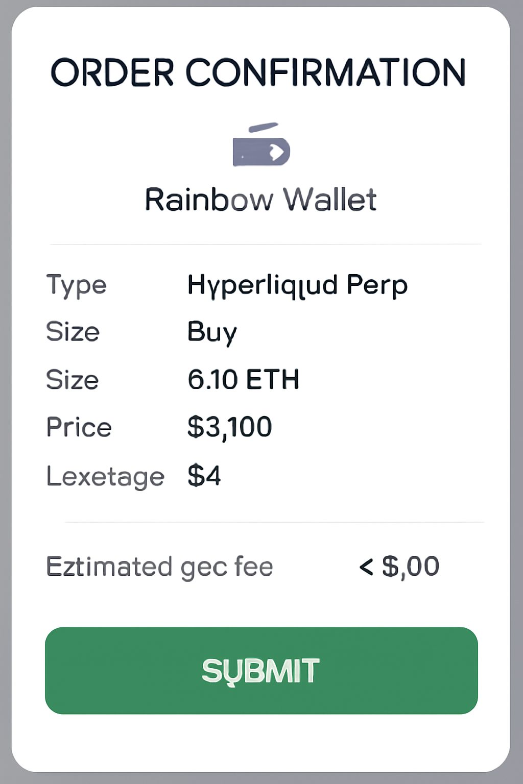 order confirmation popup in Rainbow Wallet for Hyperliquid perp trade, green submit button, details listed