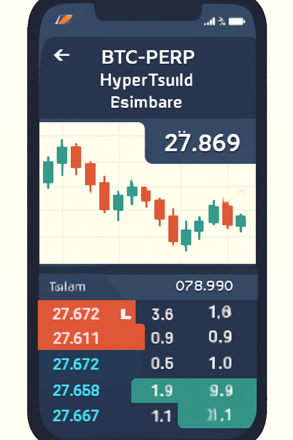 mobile trading chart for BTC-PERP on Hyperliquid in Rainbow Wallet, candlesticks and order book visible