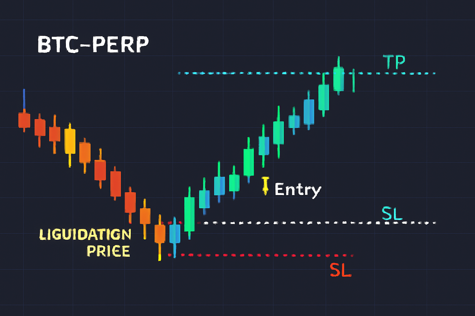 trading chart in Rainbow with TP/SL lines marked on BTC-PERP, liquidation price indicator, precise annotations