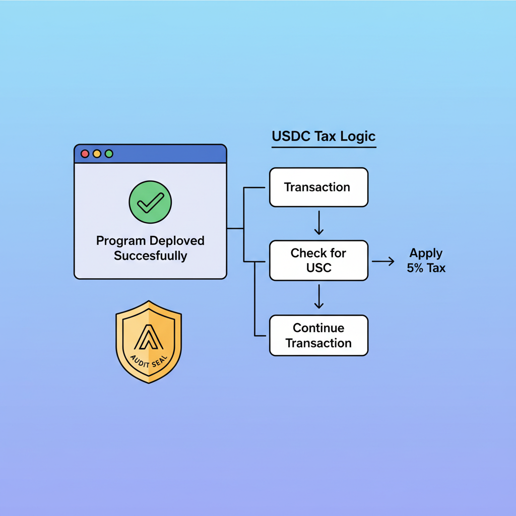 Solana Anchor program deployment terminal, green success check, audit seal badge, USDC tax logic flowchart
