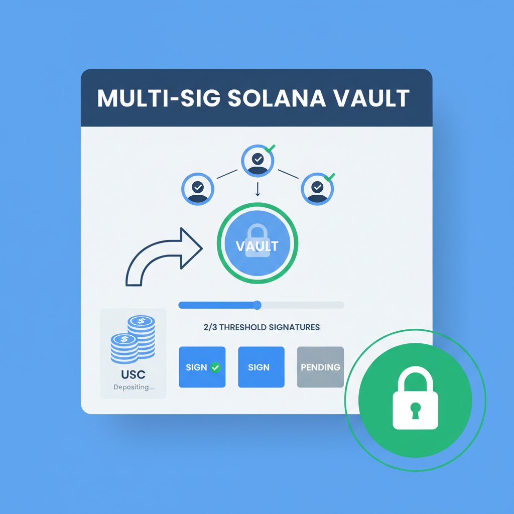 Multi-sig Solana vault interface, USDC tokens depositing, threshold signatures, secure lock icon