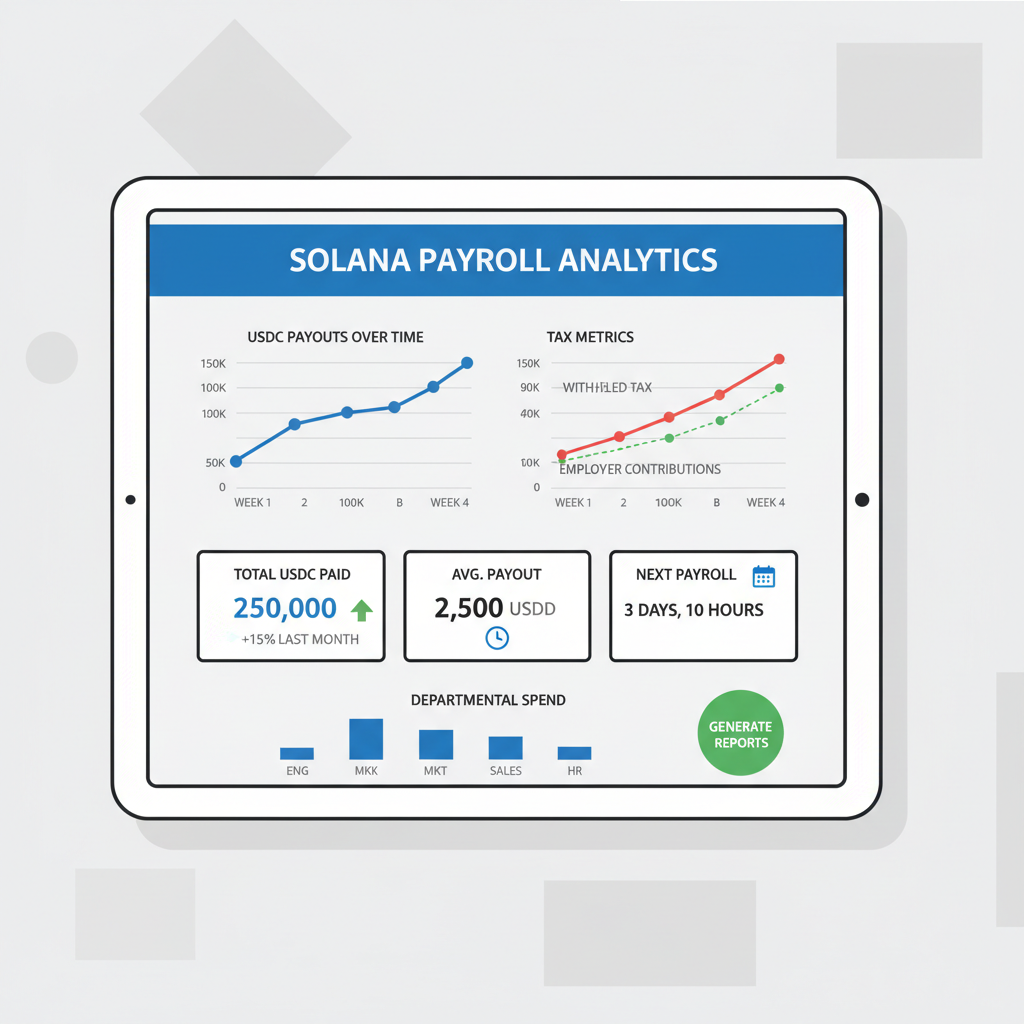Solana USDC payroll analytics dashboard, line charts of payouts, tax metrics, real-time monitors