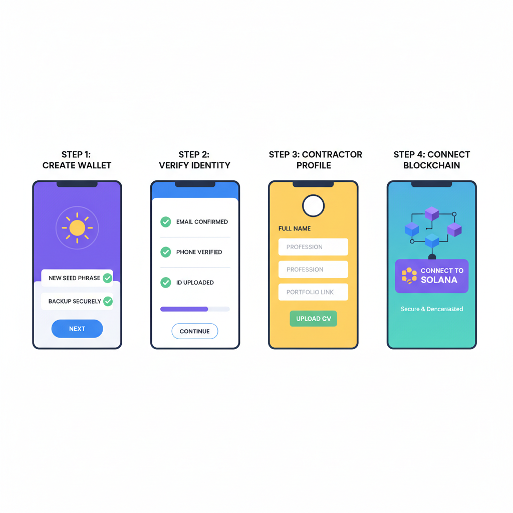 Solana wallet onboarding UI, verification checkmarks, contractor profile form, blockchain connect button