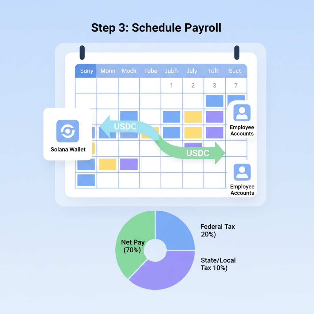 Solana payroll scheduler calendar, recurring USDC transfer arrows, tax withholding pie chart