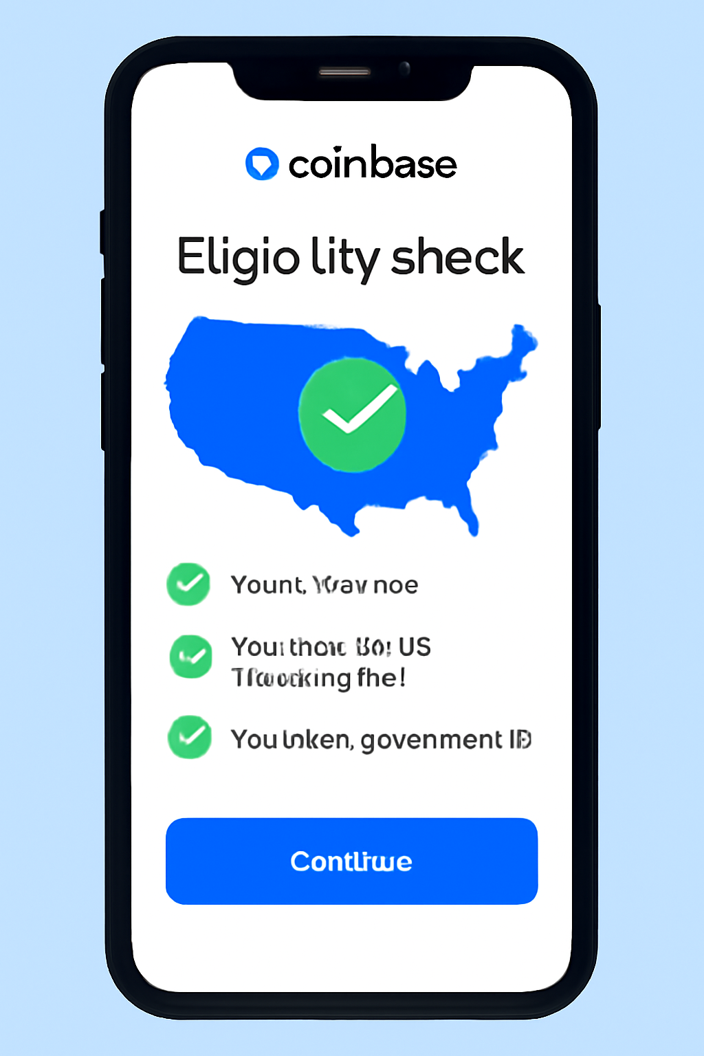 Coinbase app eligibility check screen on smartphone, modern UI, green checkmarks, US map highlight excluding NY, vibrant blues