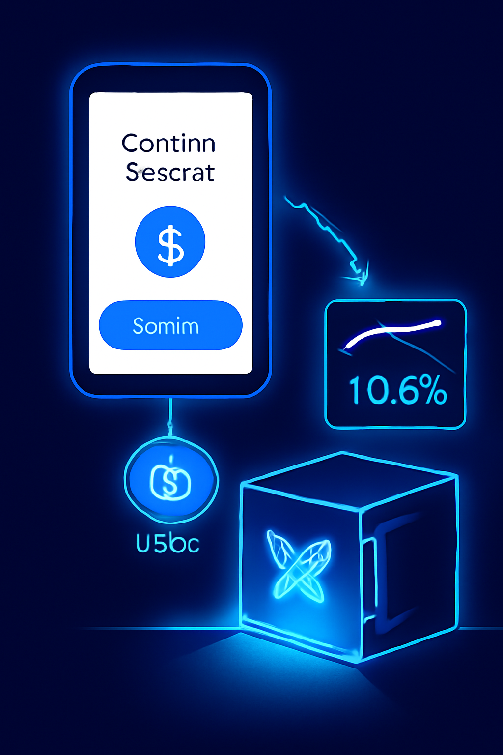 Confirm deposit button in Coinbase app, USDC flowing into glowing Morpho vault, charts showing 10.8% yield, neon effects