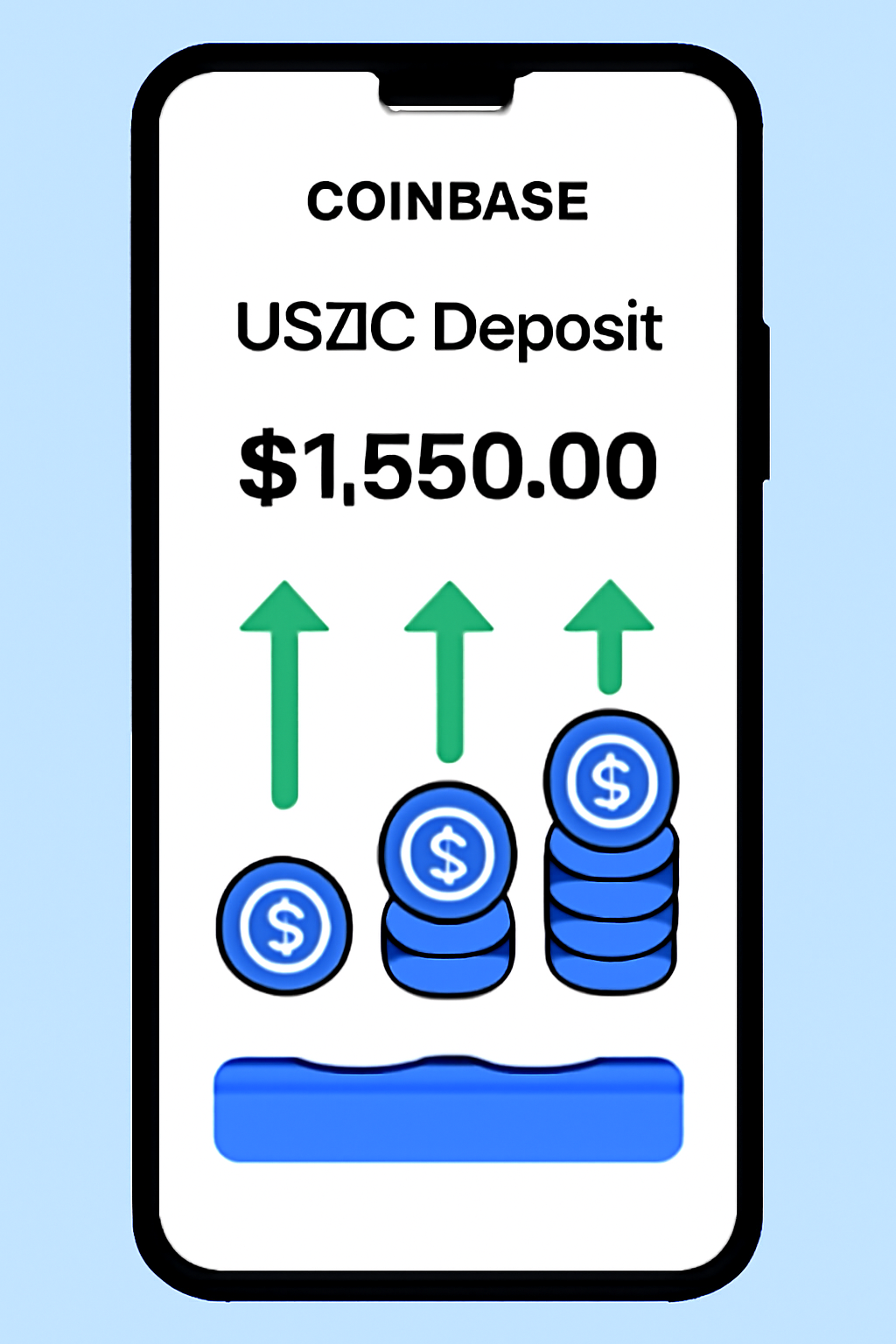 Coinbase app USDC deposit screen, wallet balance increasing, USDC icons stacking, green arrows