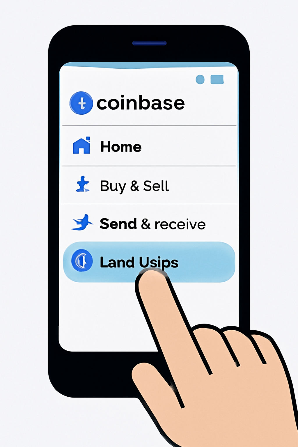 Coinbase mobile app navigation to USDC lending tab, finger tapping screen, highlighted menu, futuristic UI