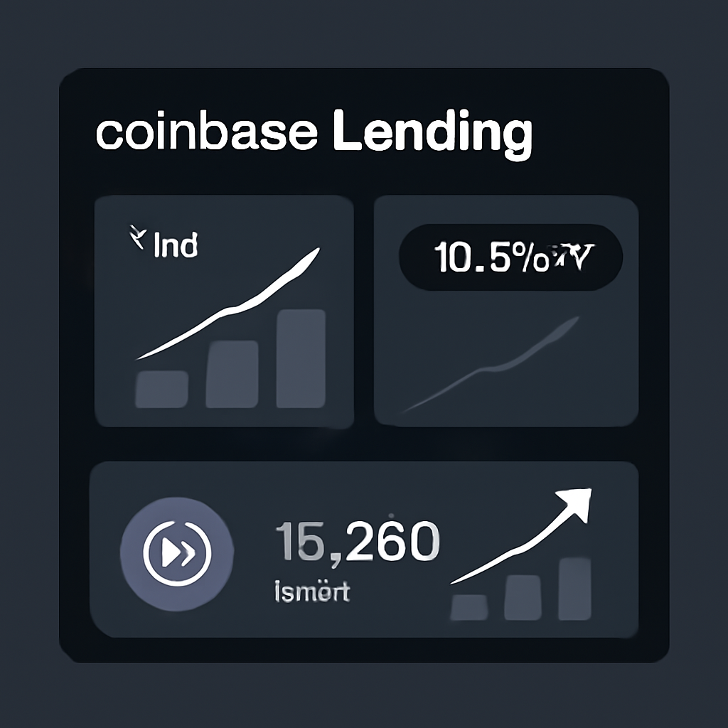 Coinbase lending dashboard with yield graphs, 10.8% APY badge, USDC balance growing, dark mode UI