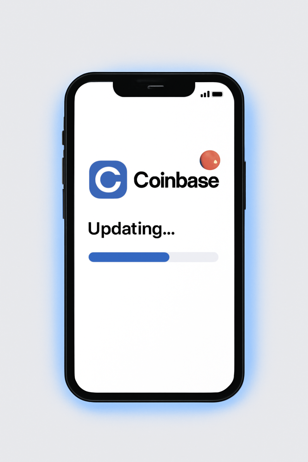 Smartphone updating Coinbase app, progress bar, notification badge, sleek design, blue glow
