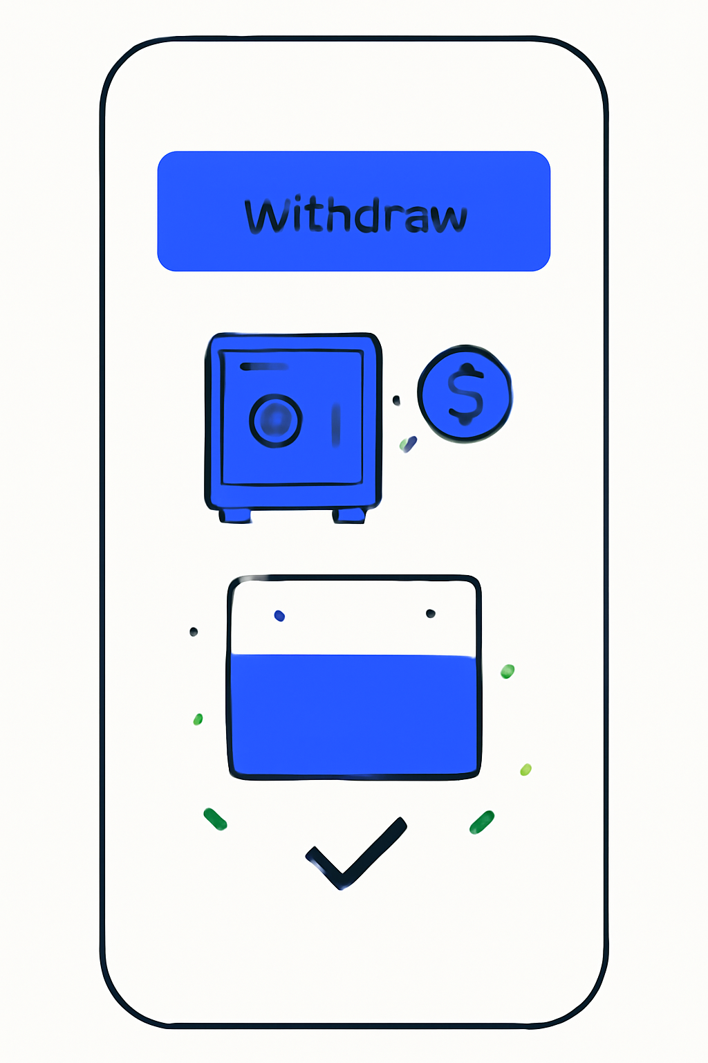 Withdraw button on Coinbase app, USDC exiting vault, liquidity meter full, success animation